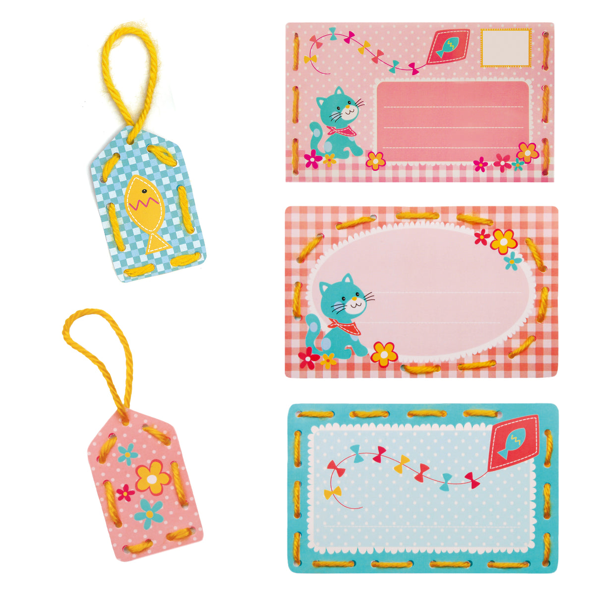 Children's stitched invitation cards and tags with a kitten design