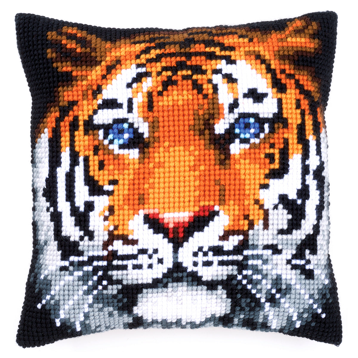 Finished tiger cross stitch cushion