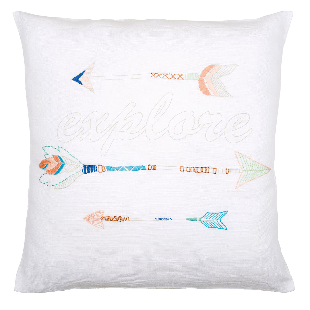 Embroidered cushion with arrow design and the word Explore