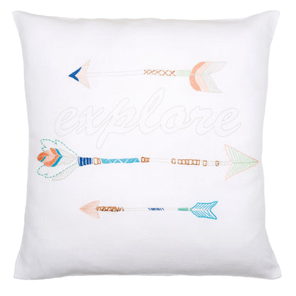 Embroidered cushion with arrow design and the word Explore
