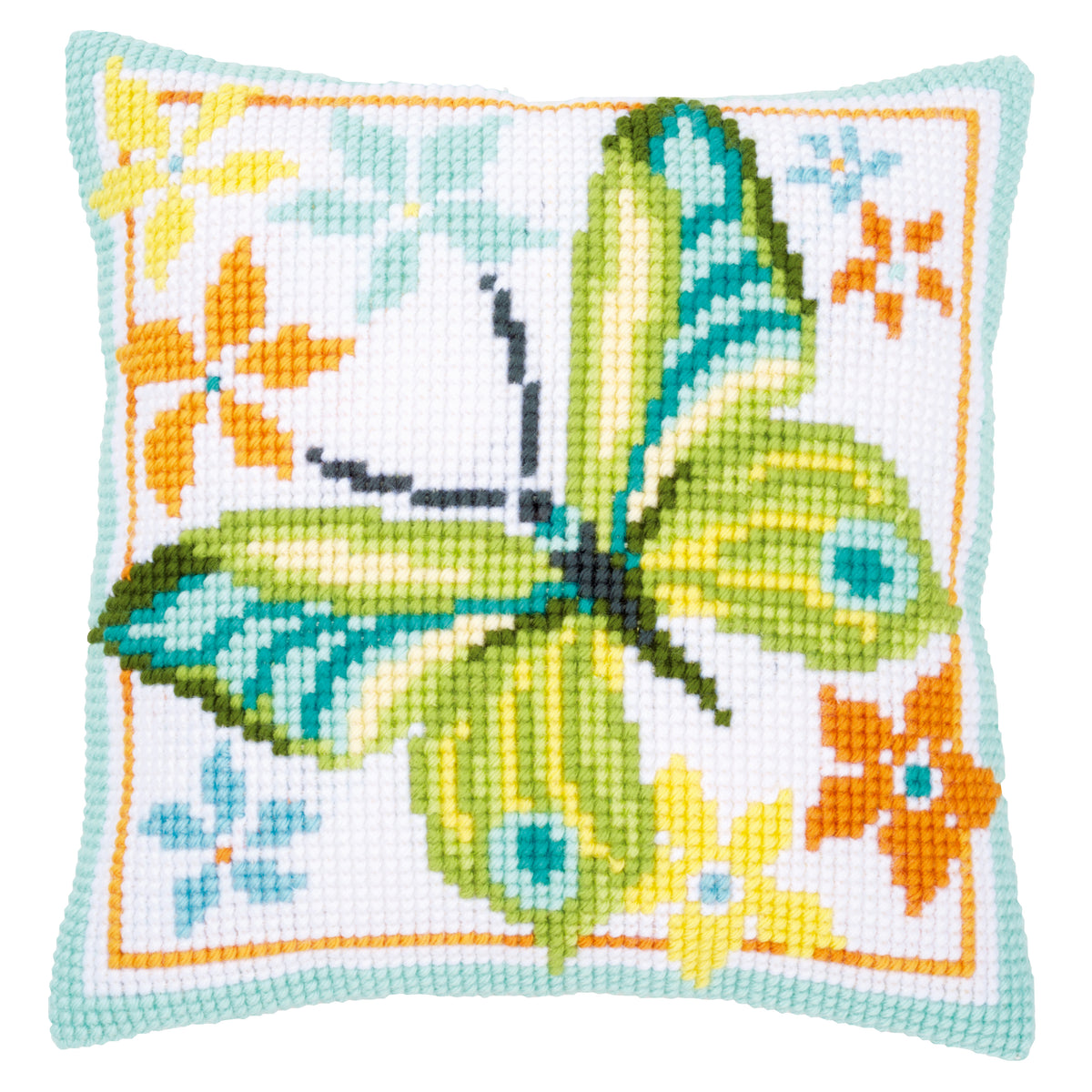 Finished cross stitch cushion with a green butterfly