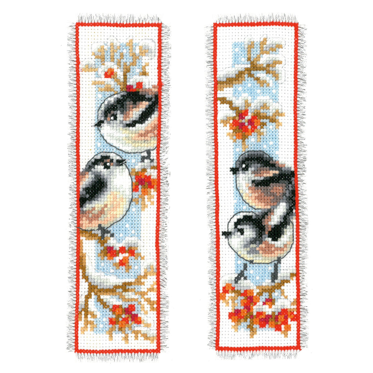 Two cross stitched bookmarks with long-tailed tits and red berries