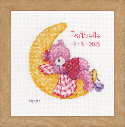 Finished Brie Bear on the Moon counted cross stitch design
