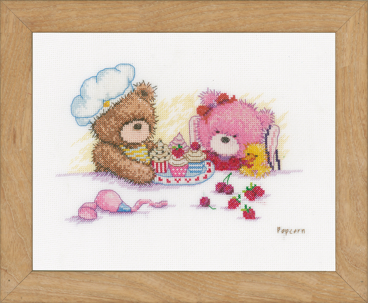 Finished Popcorn and Brie Bear counted cross stitch design