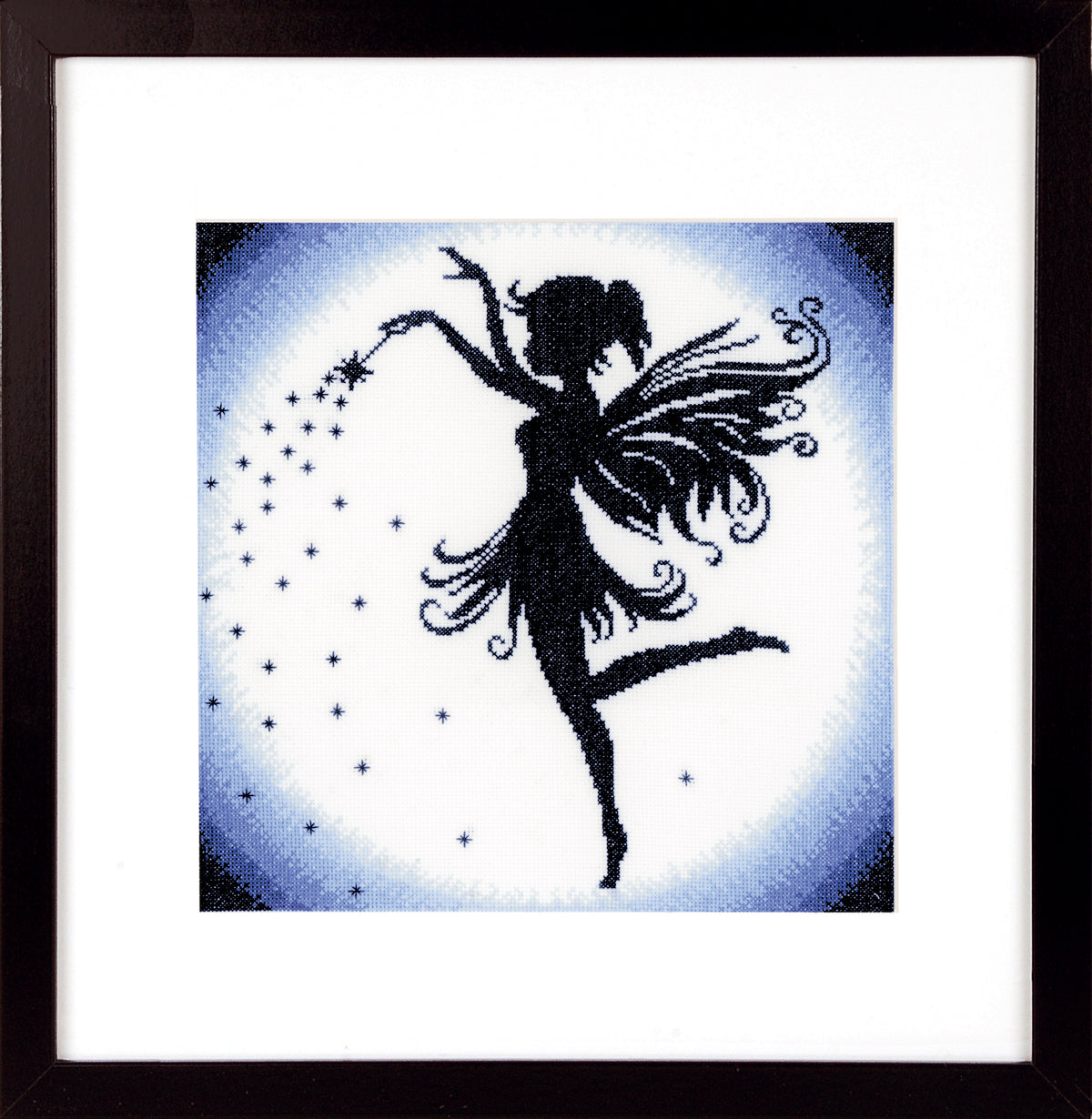Lanarte Enchanting Fairy cross stitch kit showing a stitched fairy design