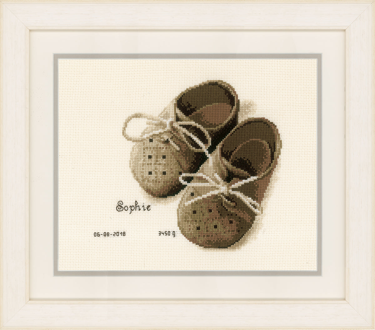Vervaco First Shoes birth record cross stitch with baby shoes