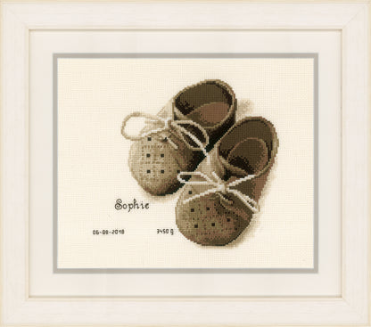 Vervaco First Shoes birth record cross stitch with baby shoes