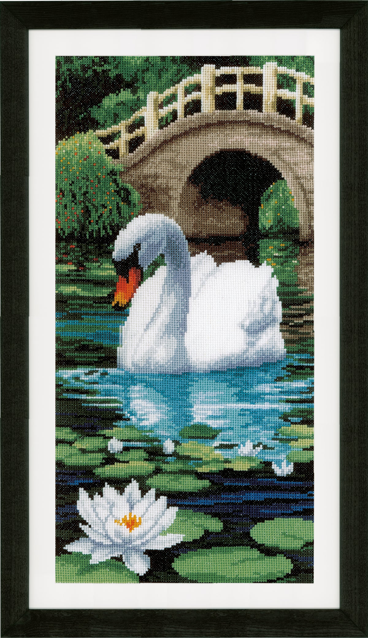 Vervaco Swan cross stitch kit showing a stitched swan