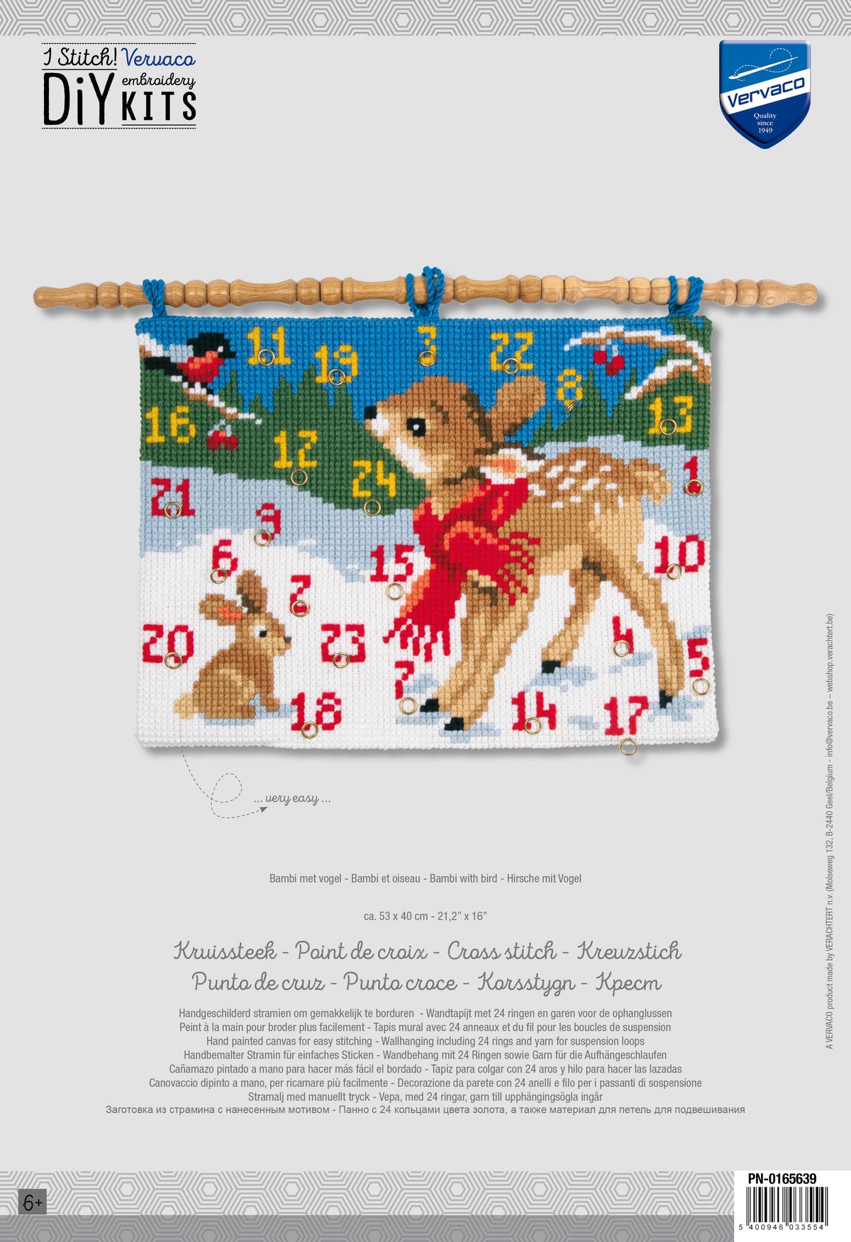 Cross stitch advent calendar wall hanging with Bambi and a bird