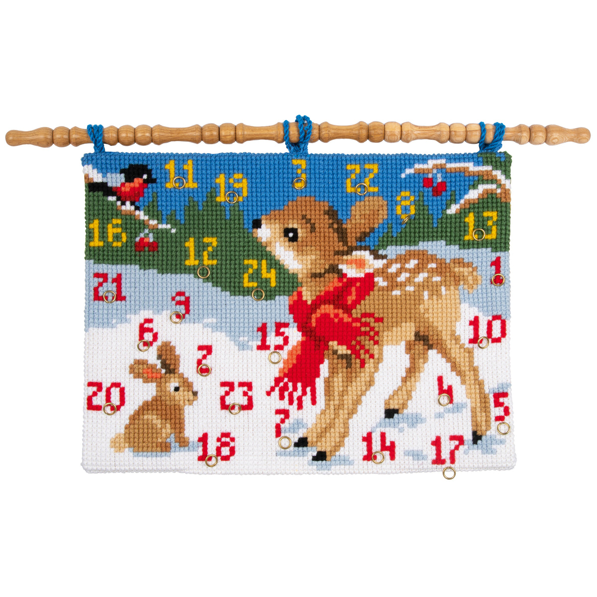 Cross stitch advent calendar wall hanging with Bambi and a bird