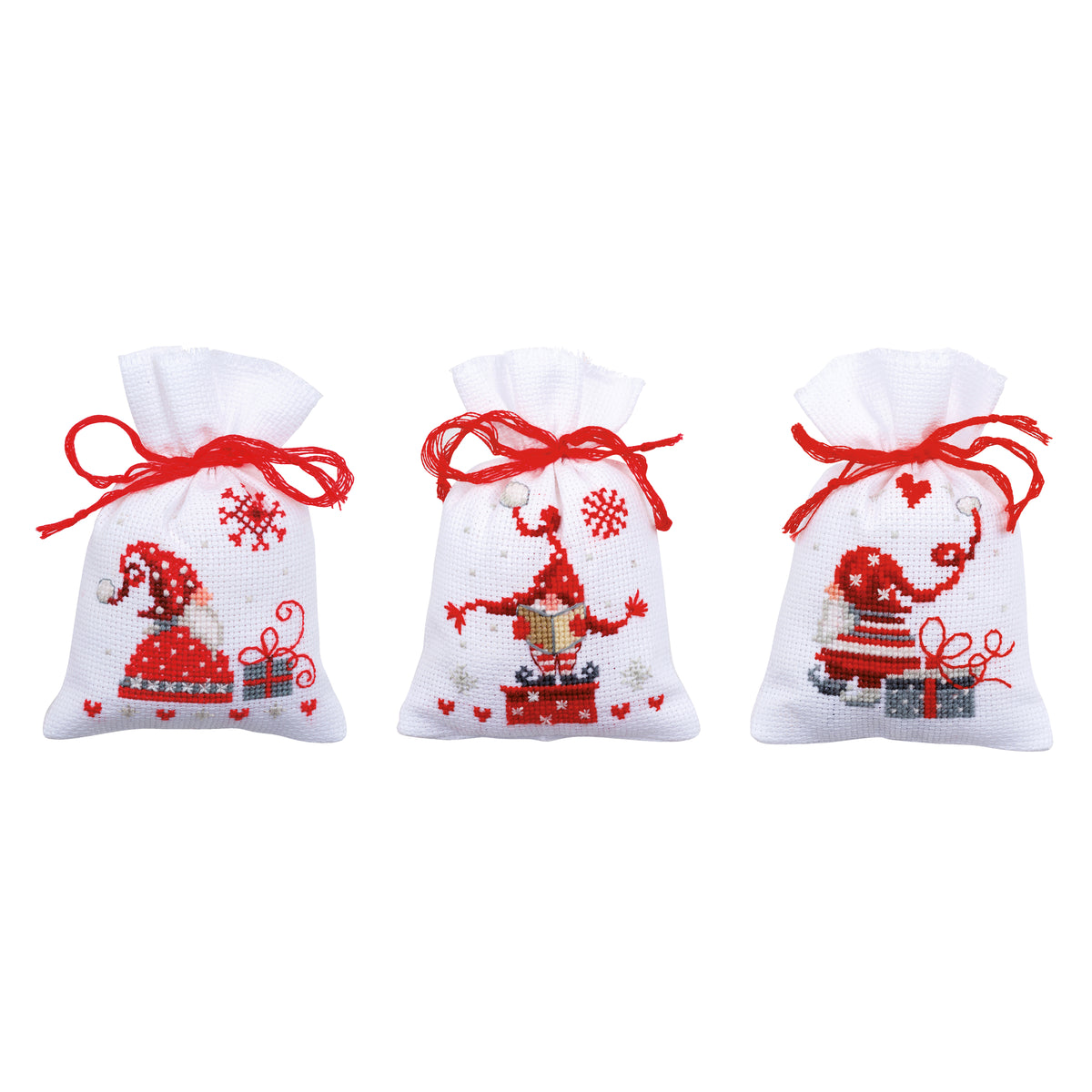 Three small aida gift bags cross stitched with gnomes