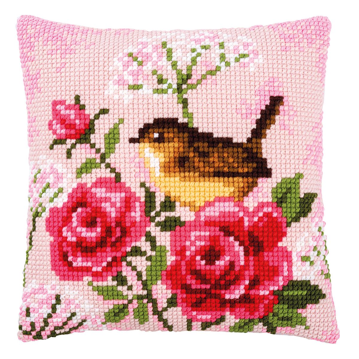 Cross stitch cushion with a bird among roses