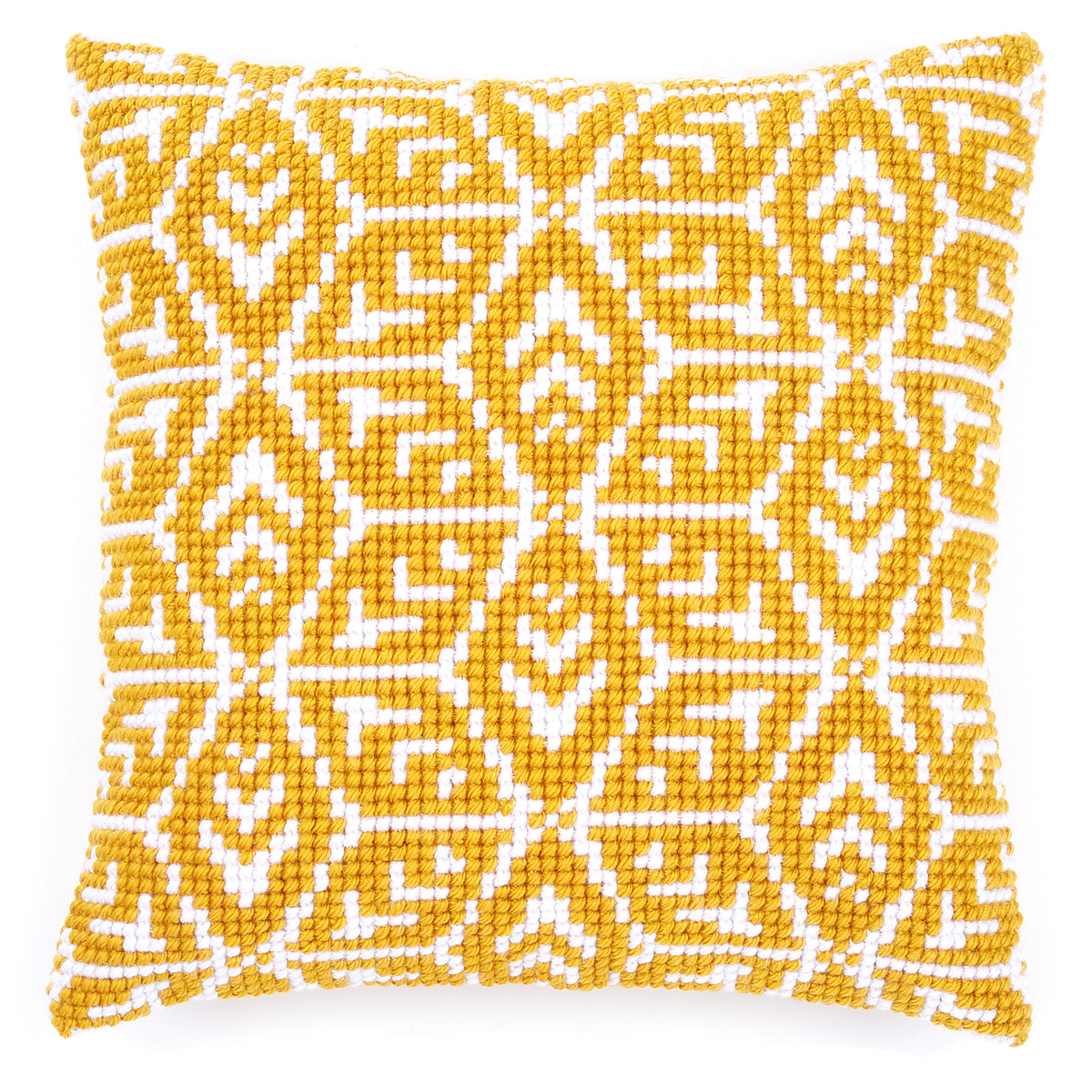 Cross stitch cushion with a geometric pattern
