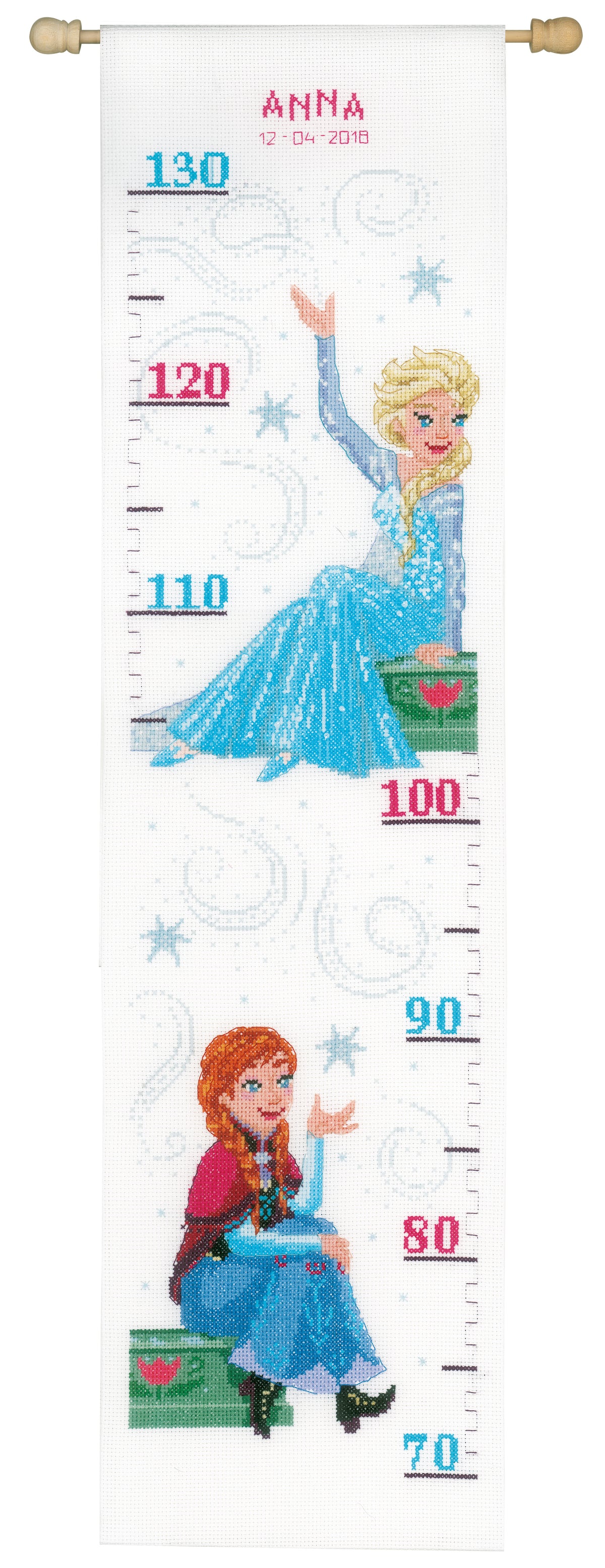 Cross stitched Disney Frozen height chart featuring Anna and Elsa