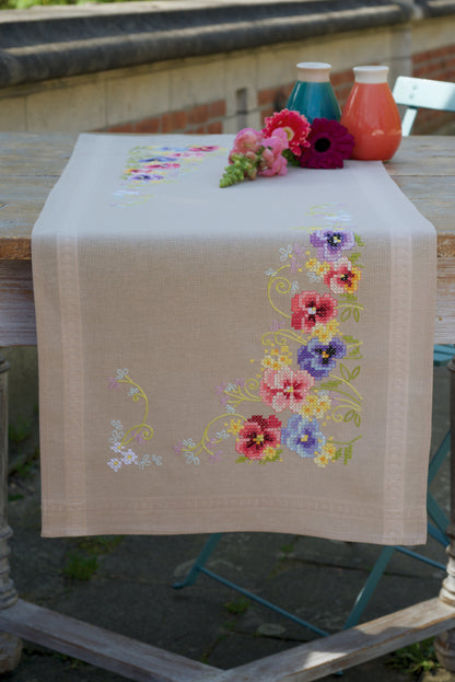 Ecru table runner embroidered with violets