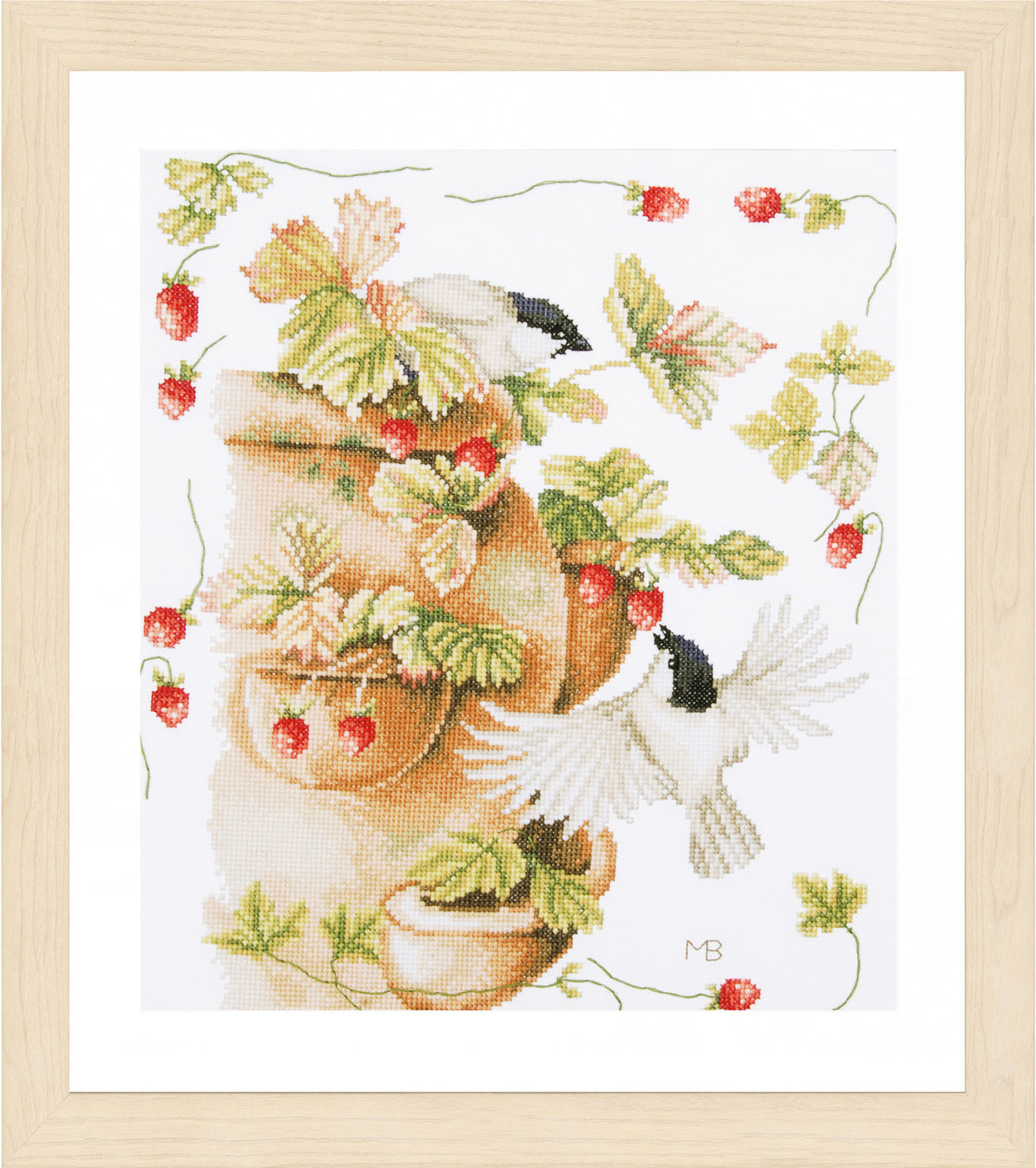 Cross stitched birds among strawberry plants