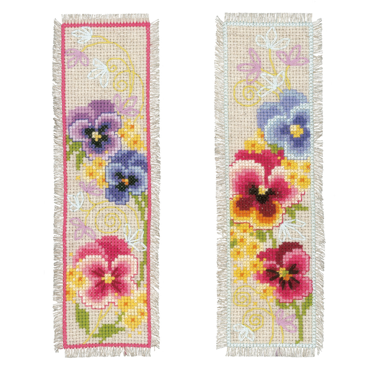 Two cross stitched bookmarks with purple violets