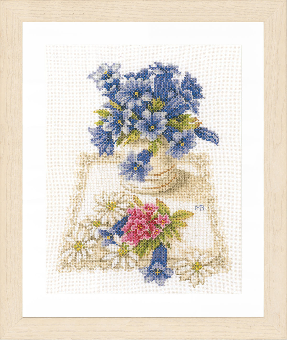 Cross stitched design of blue flowers