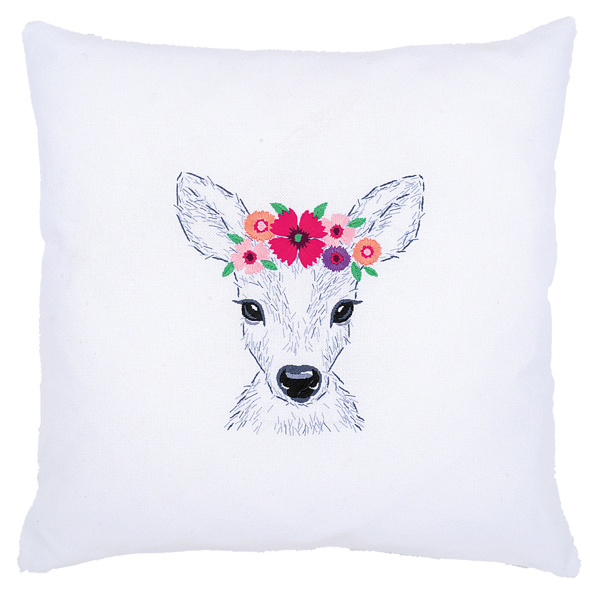 Embroidered cushion showing a deer surrounded by flowers