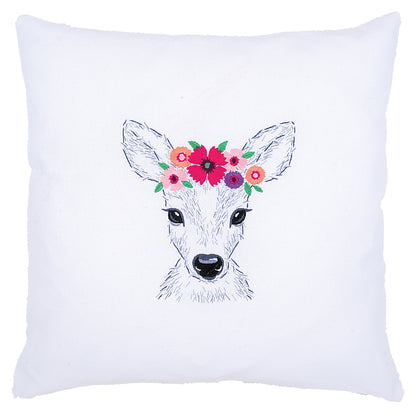 Embroidered cushion showing a deer surrounded by flowers