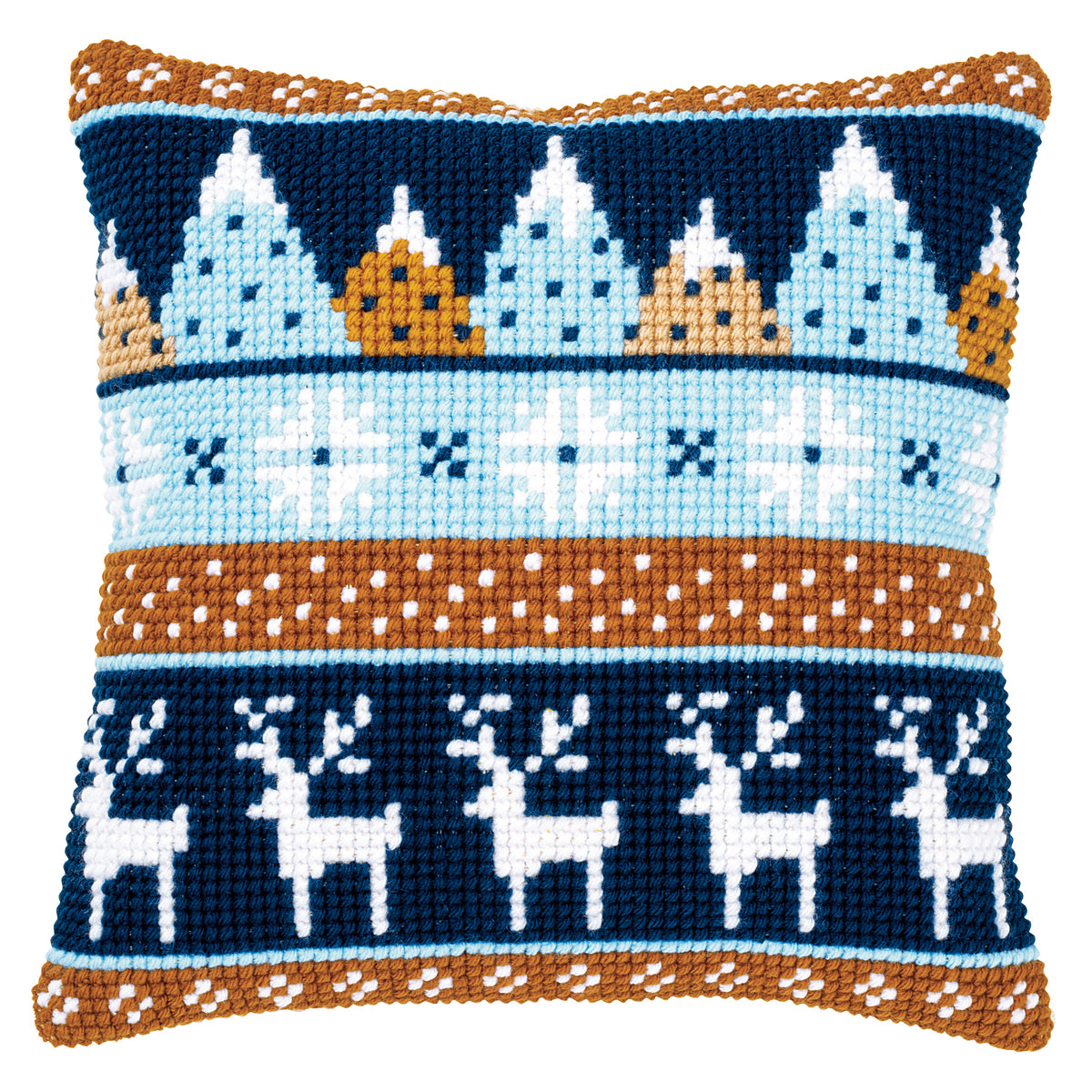 Navy cross stitch cushion with rows of trees, snowflakes and white reindeer