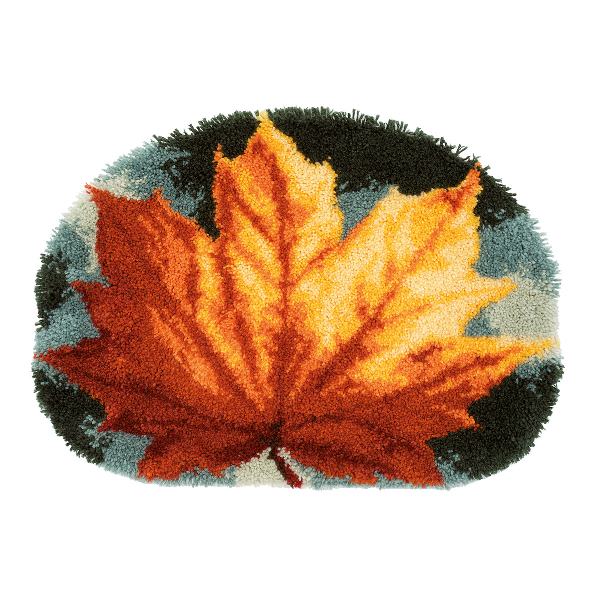 Leaf-shaped latch hook rug in autumn colours