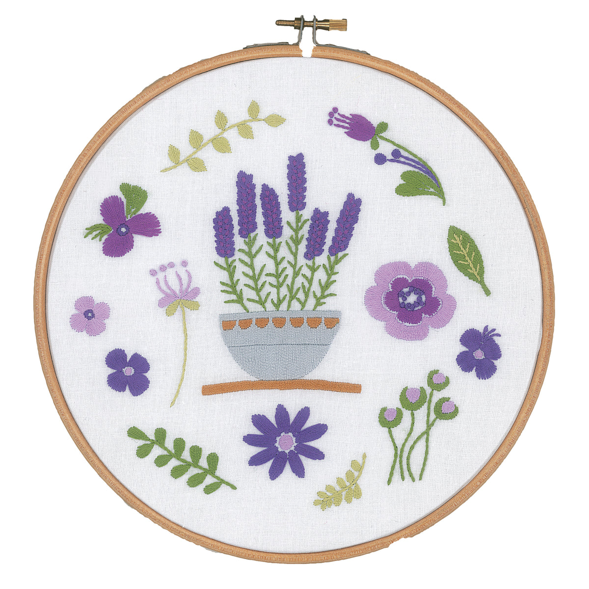 Lavender embroidery displayed in a wooden hoop
