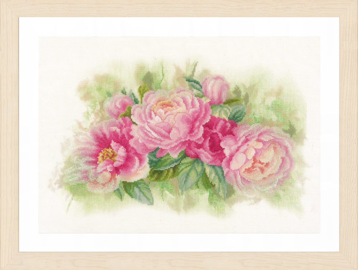 Cross stitch picture of a bouquet of peonies