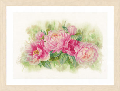 Cross stitch picture of a bouquet of peonies