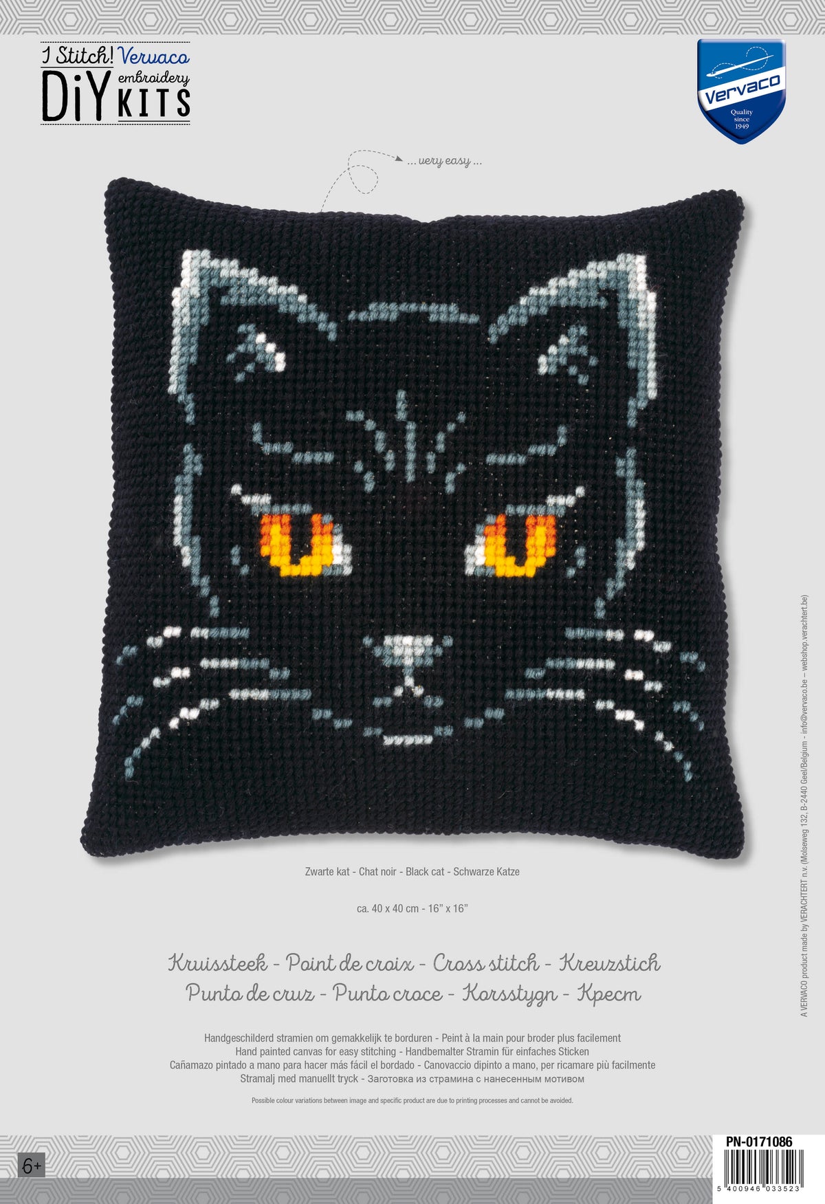 Cross stitch cushion with a black cat design