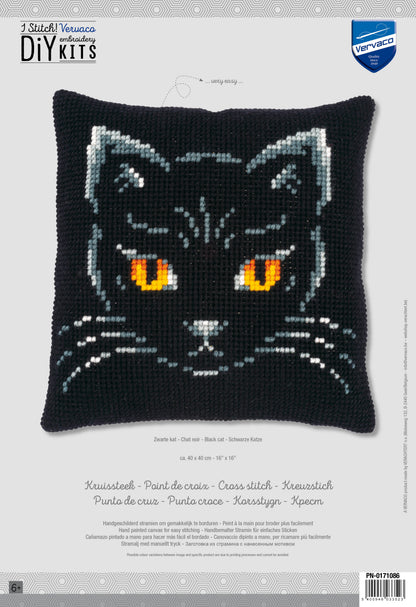 Cross stitch cushion with a black cat design