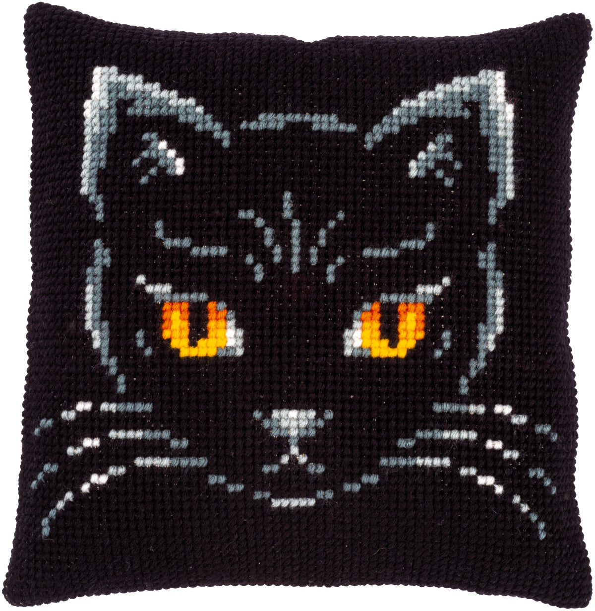 Cross stitch cushion with a black cat design