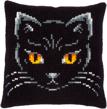 Cross stitch cushion with a black cat design