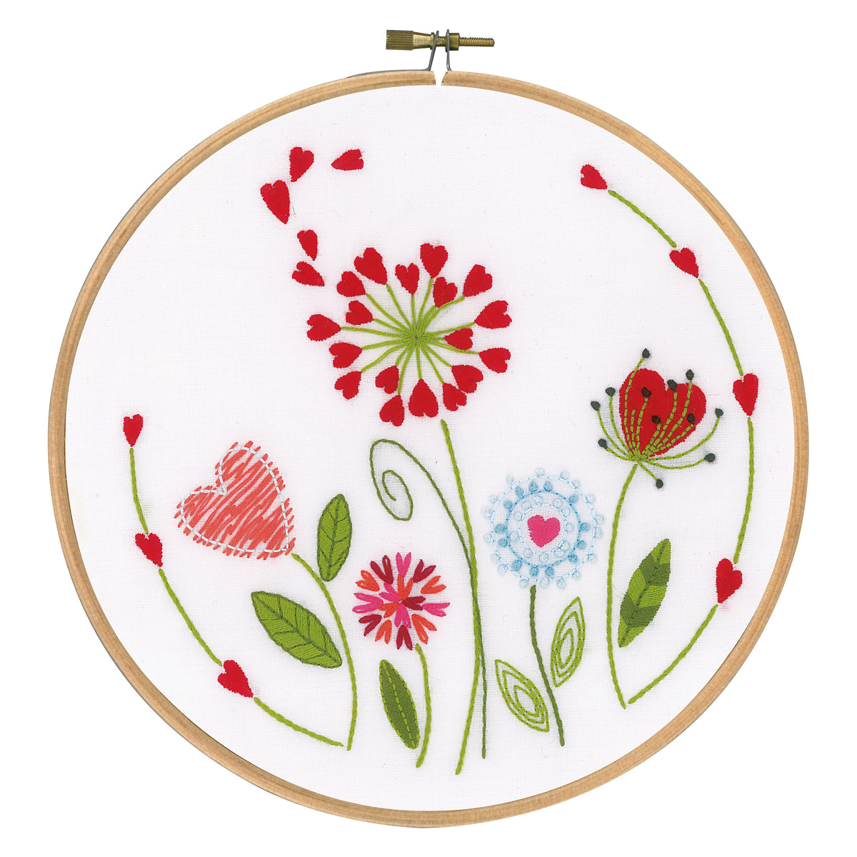 Floral embroidery displayed in a wooden hoop