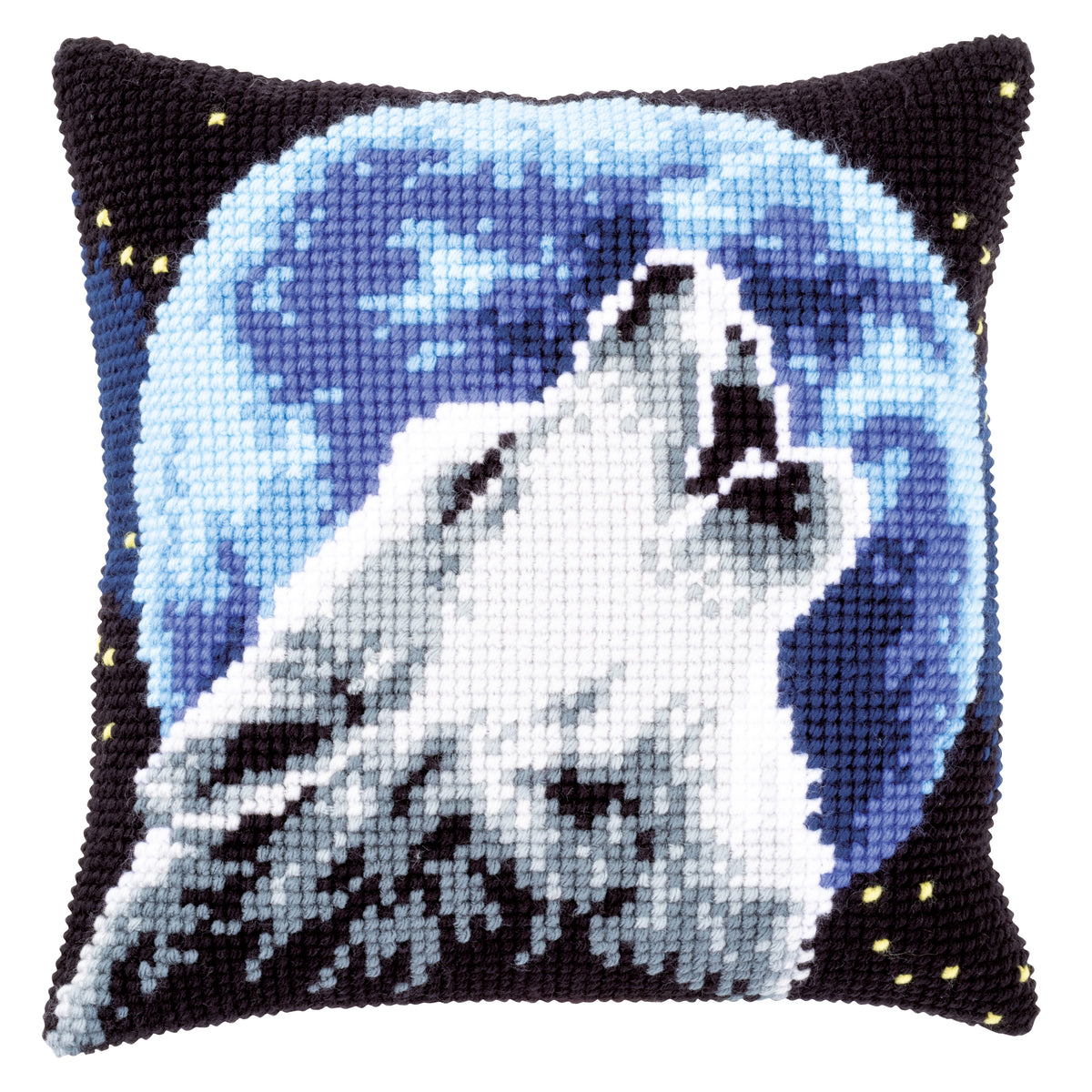 Cross stitch cushion with a wolf design