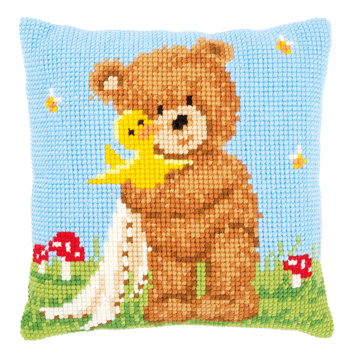 Cross stitch cushion with Popcorn and Souffle the duck
