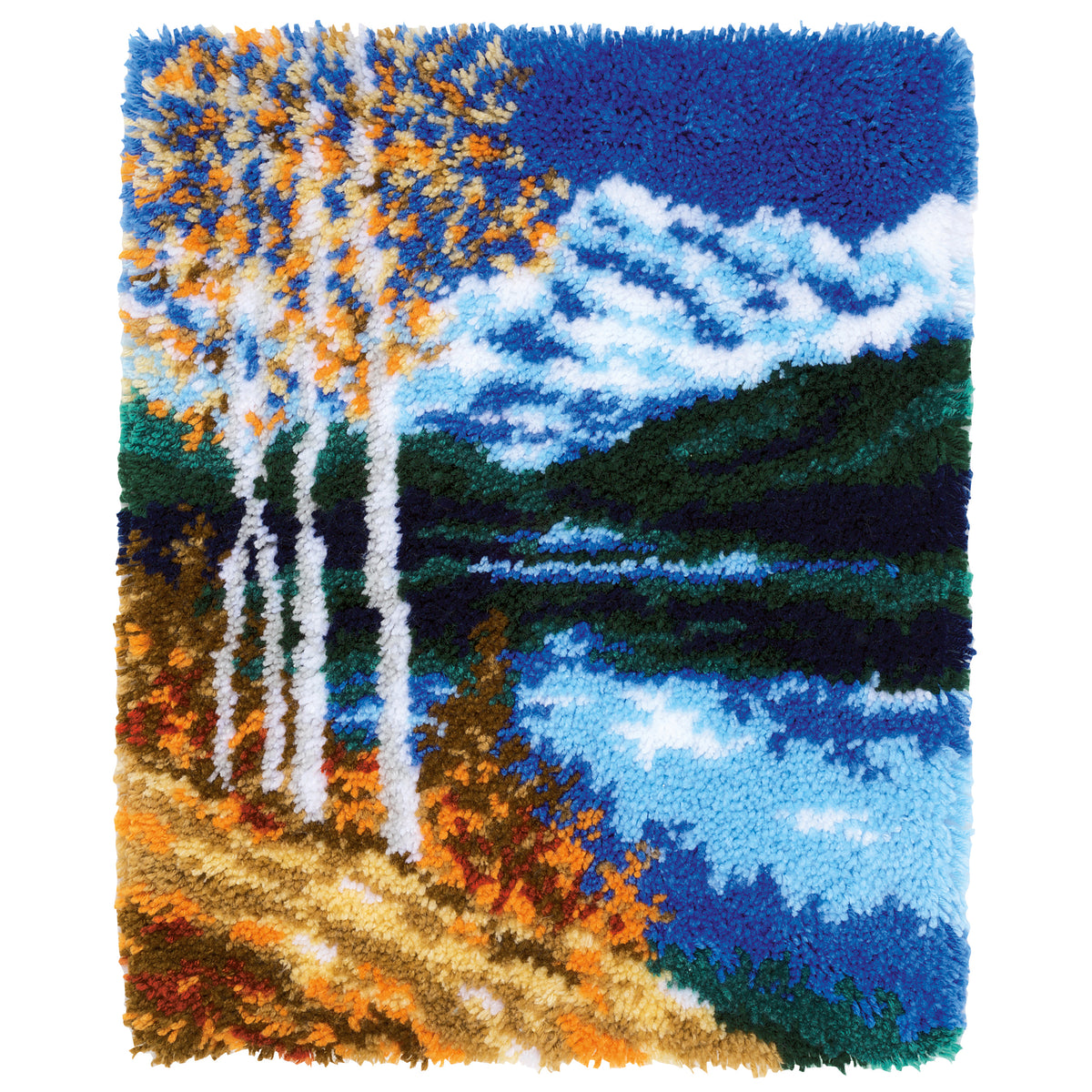 Latch hook rug with a birch tree design