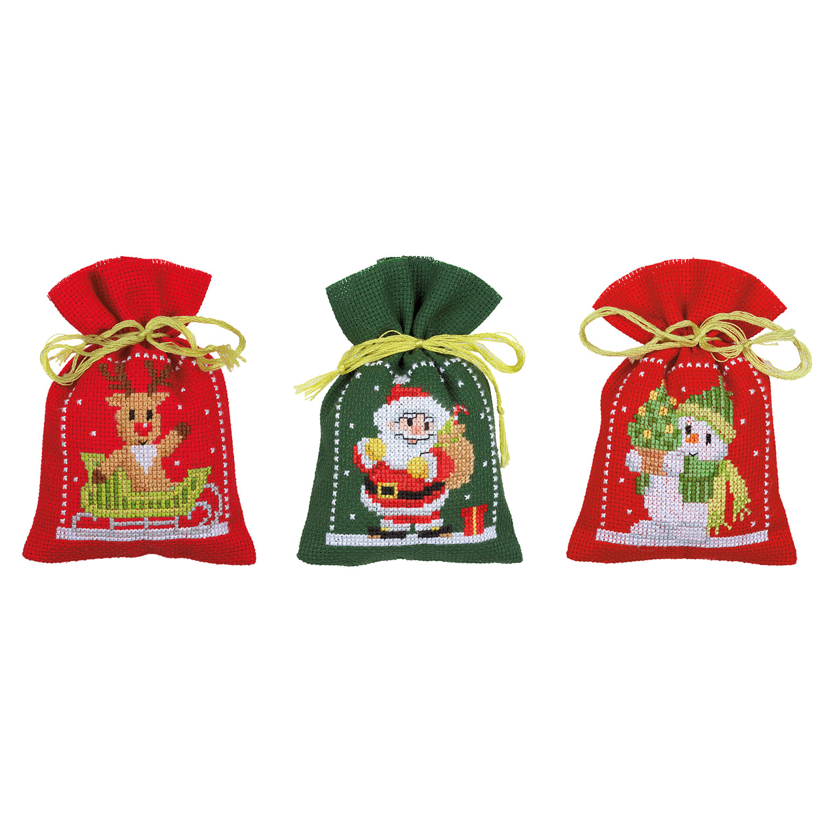 Three small cross stitched Christmas gift bags