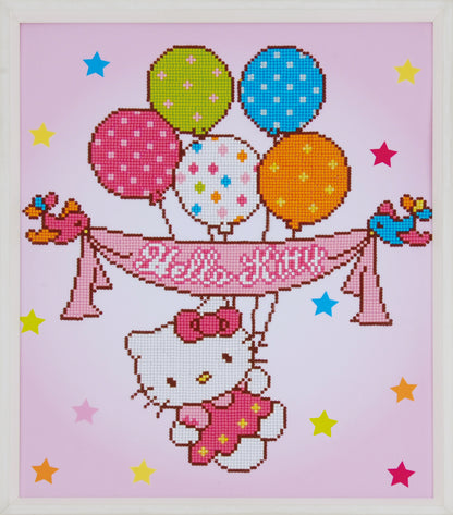 Diamond painting of Hello Kitty holding balloons