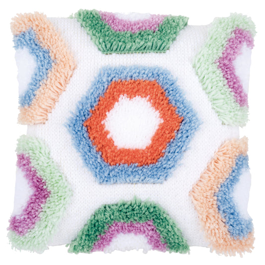 Finished Vervaco hexagon pattern latch hook cushion