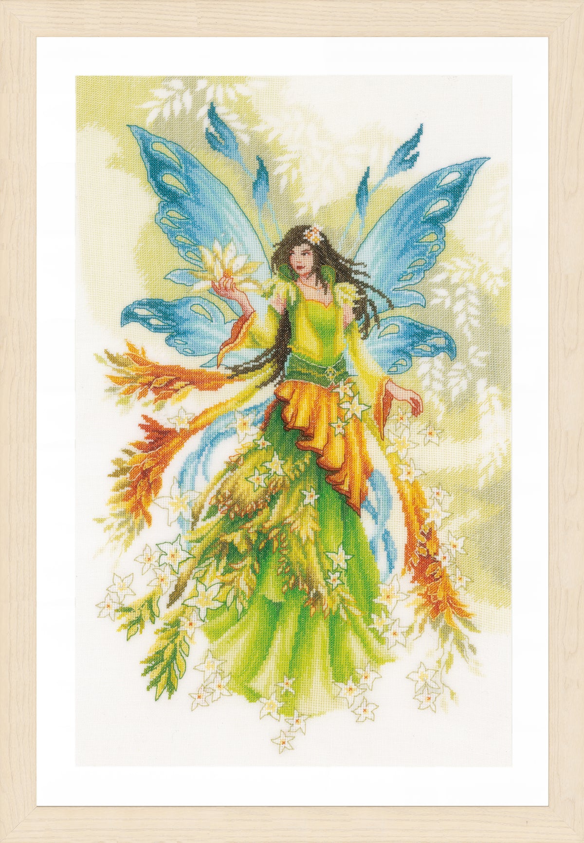 Cross stitched fantasy elf fairy on linen