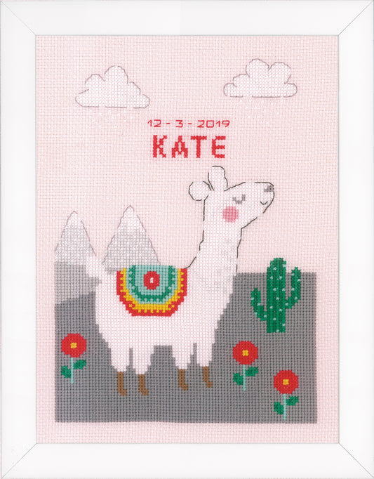 Cross stitch birth record with a llama