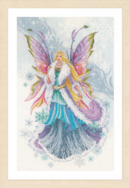 Cross stitch picture of a winter elf fairy