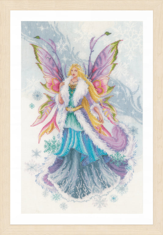 Cross stitch picture of a winter elf fairy