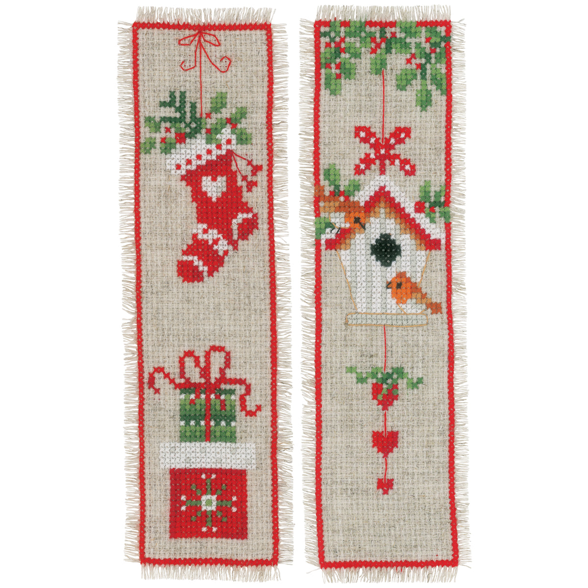 Two cross stitch bookmarks with Christmas motifs