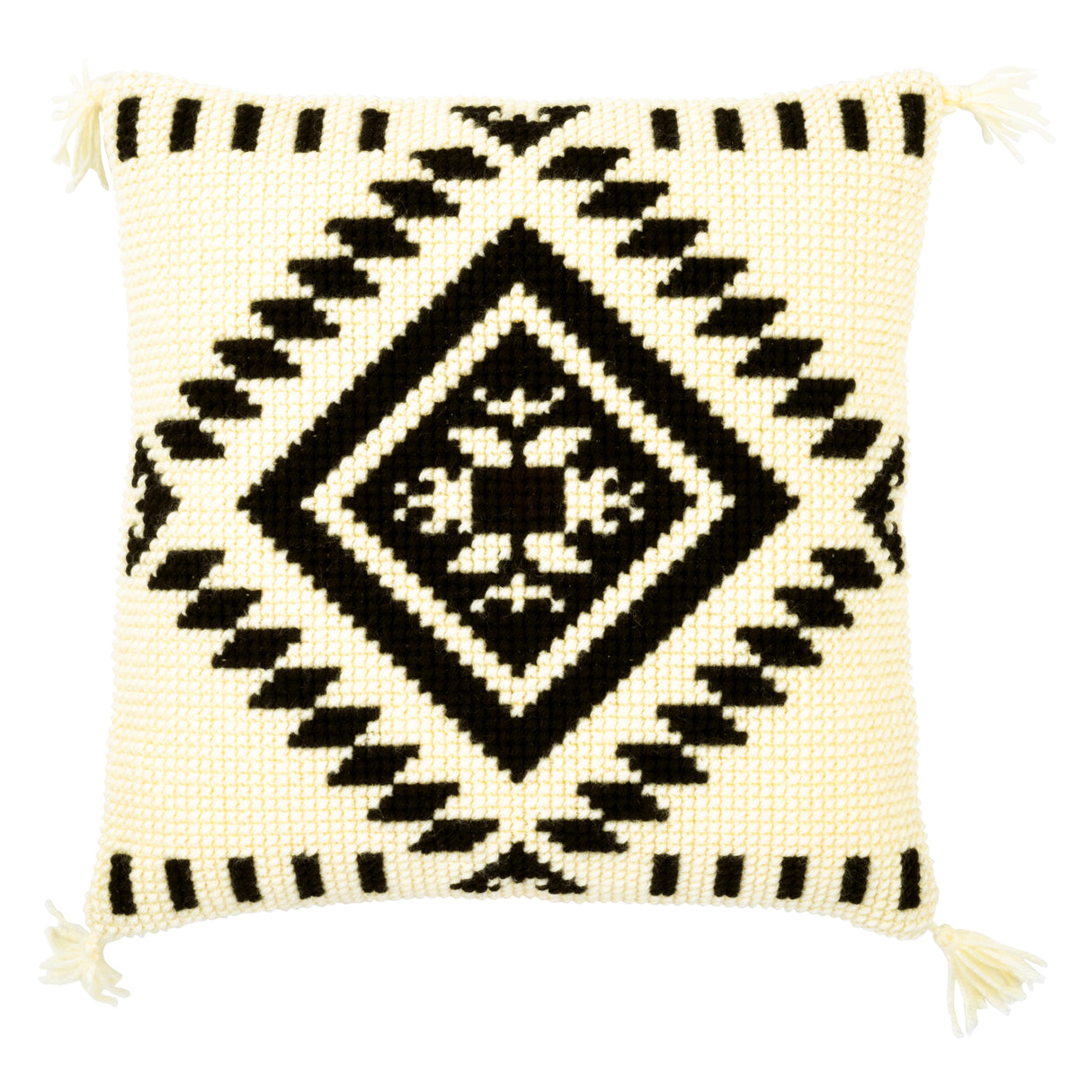 Cross stitch cushion with a colourful ethnic print pattern