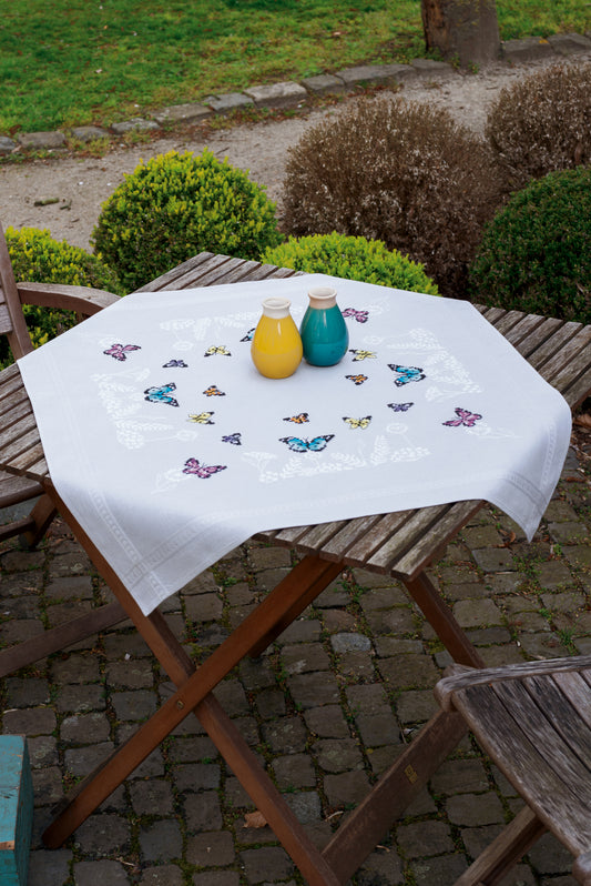 Embroidered tablecloth with a butterfly design