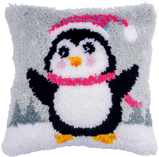 Latch hook cushion with a penguin design