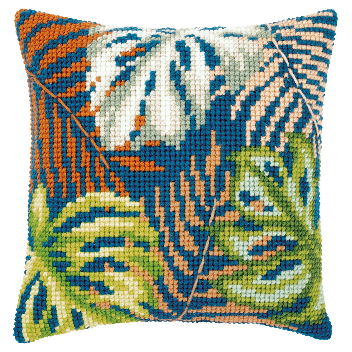 Cross stitch cushion with a botanical leaf design