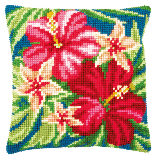 Cross stitch cushion with a botanical flower design